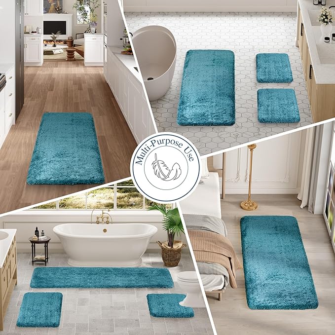 Walensee Contour Rug (20x24, Teal) Non Slip Bath Mat, Soft Microfiber Shaggy Mat, Machine Washable, U Shape Toilet Rug