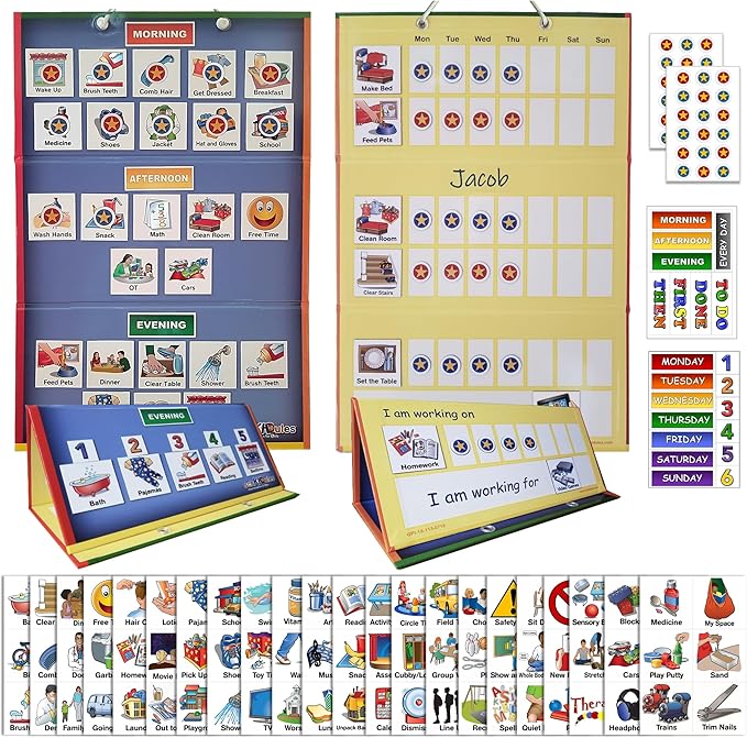SchKIDules Deluxe Magnetic Visual Schedule & Reward Chart w/189 Colorful Magnets & Reversible 18” Folding Board for Daily Routines, Chores, Behavioral Supports, Kids Calendar, ADHD & Autism Icons