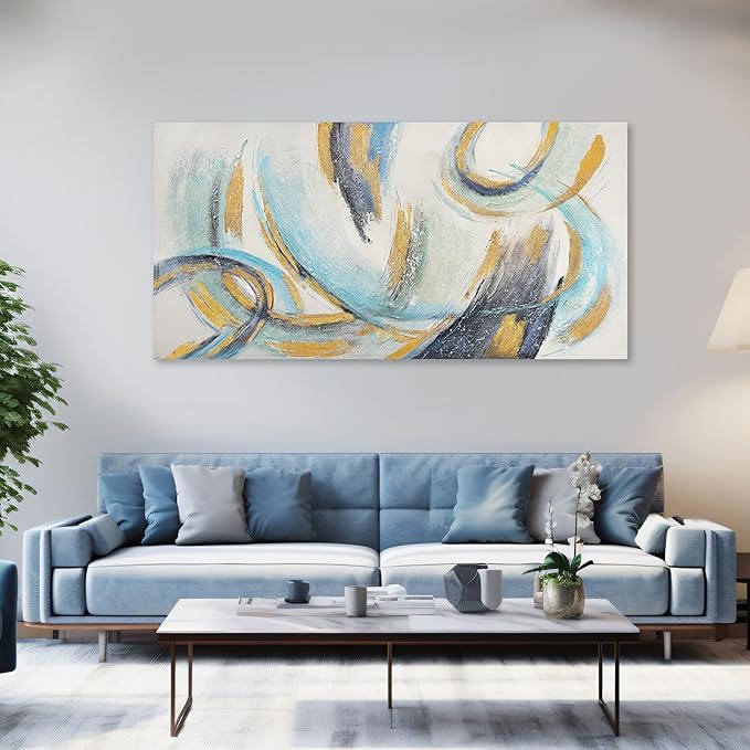 Glvzygy Abstract Wall Art Blue and Gold 24"x48" Canvas Wall Decor Frame Artwork Modern Home Wall Decor for Living Room, Bedroom, Office