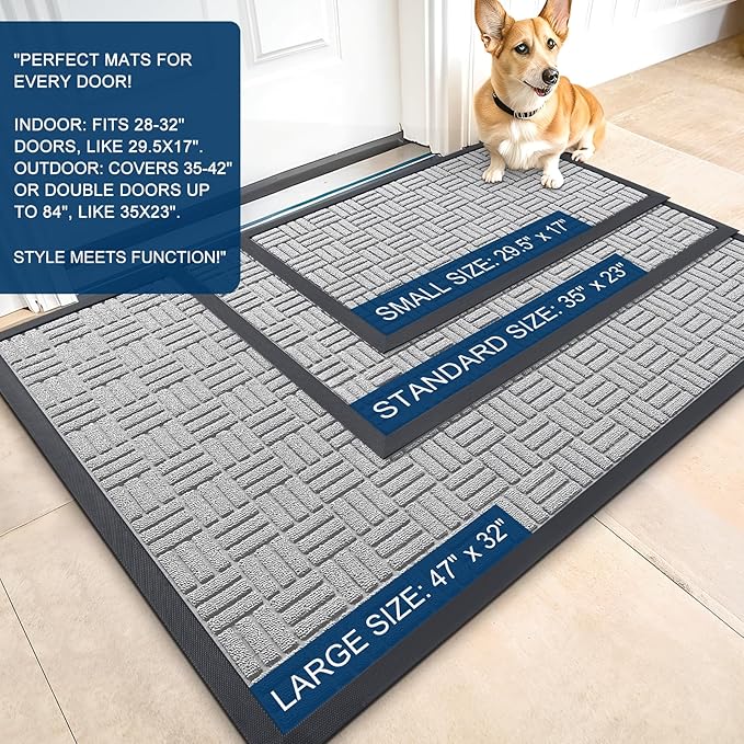 OLANLY Front Door Mat Outside Entrance 33x21, Absorbent, Heavy Duty Sturdy Natural Rubber Doormat Indoor Outdoor, Non-Slip, Stain and Fade Resistant, Low Profile Floor Mat for Entryway, Light Gray