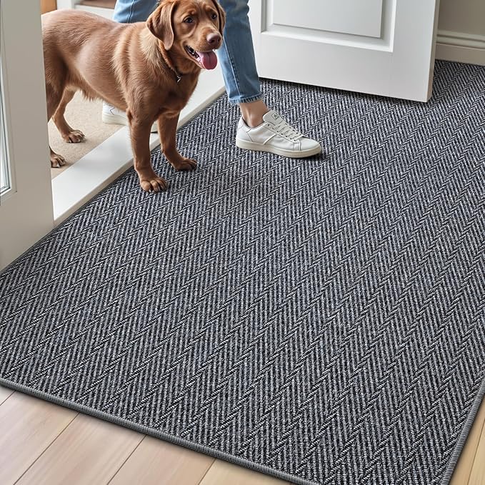LUMI Ultra Thin Indoor Door Mat for Entrance 48"x72", Non Slip Entryway Mat, Low Profile Doormat, Unique Herringbone Design Carpet for Inside, Patio, Porch, Medium Gray