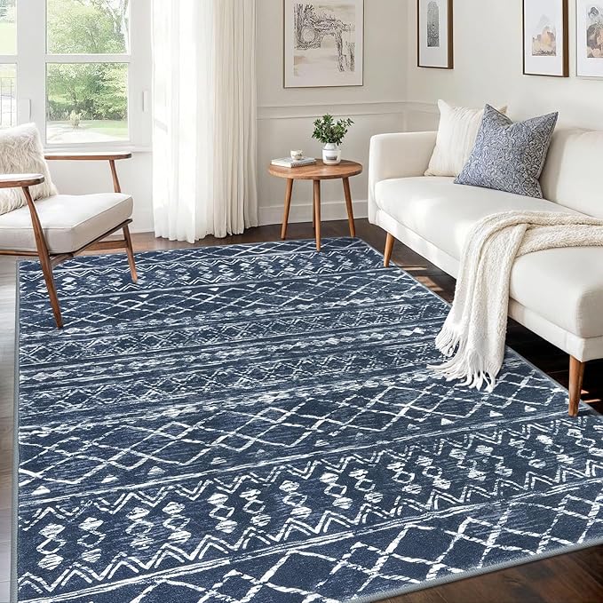 KUTA Area Rug 5x7 Navy Blue, Washable Boho Large Living Room Moroccan Rugs Non-Slip, Ultra Soft Geometric Traditional Farmhouse Carpet for Dining Room Bedroom Dorm Office Home Décor