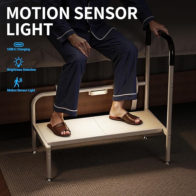 Bed Step Stool for Adults, Bedside Steps for Elderly Seniors with Non-Slip Handle & LED Light, Stable Assist Rail for High Beds