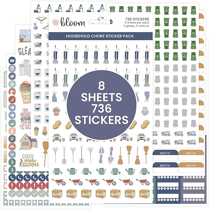bloom daily planners Household Chores Planner Stickers -Essential Variety Pack for Home Productivity - to-Dos, Errands, Tasks - 8 Sheets / 736 Stickers - Icons & Quotes