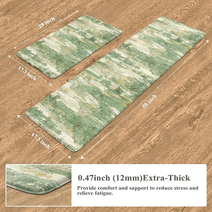 Collive Anti Fatigue Mats for Kitchens Floor, Abstract Non Skid Kitchen Rugs Sets of 2 Green Modern Standing Mat, Foam Cushioned Comfort Carpet for Office, Sink, Home Decor, 17"x59"+17"x29"