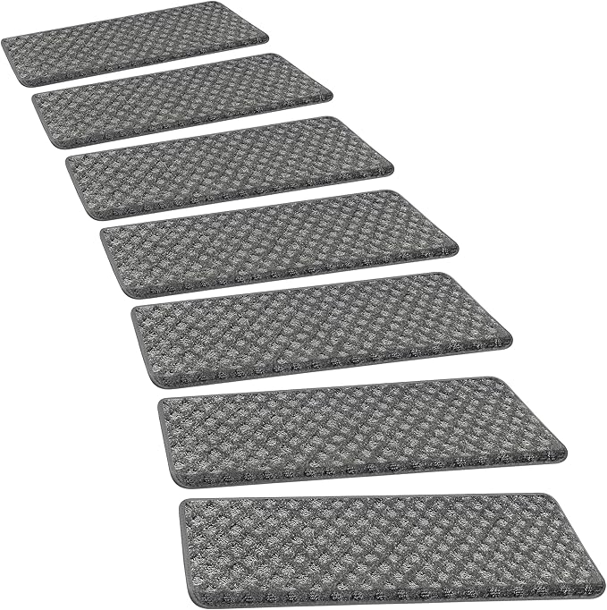 PURE ERA Bullnose Carpet Stair Treads Set Tape Free Non-Slip Indoor Stair Protectors Pet Friendly Rugs9.5" x 30"(14 Pieces,Grey Mini-Diamond Trellis)