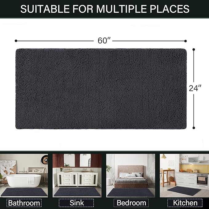 LOCHAS Luxury Bathroom Rug Shaggy Bath Mat 24 x 60 Inch, Washable Non Slip Bath Rugs for Bathroom Shower, Soft Plush Chenille Absorbent Carpets Mats, Dark Grey