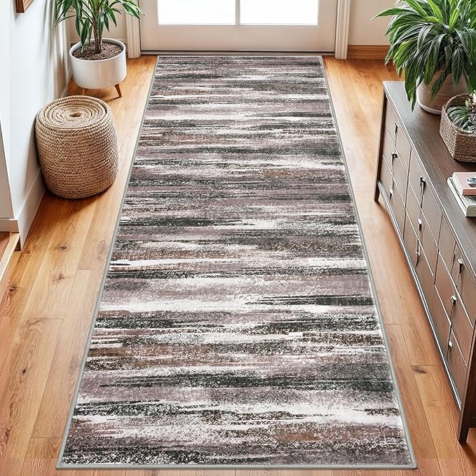 Modern Abstract Runner Rug 2.6x8, Dark Light Brown White Washable Kitchen Runner Non-Slip Soft Hallway Rug Runner Thin Print Faux Wool Carpet for Entryway Bedroom Laundry Room Indoor
