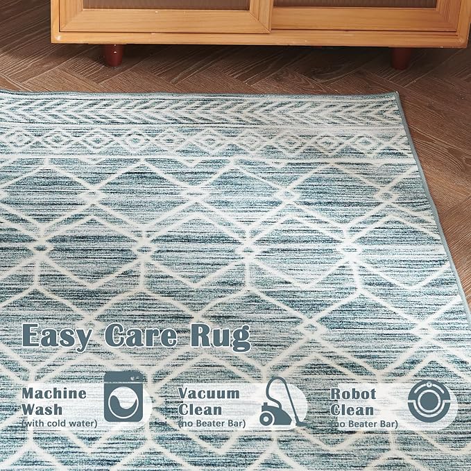 jinchan Moroccan Runner Rug 2x5 - Kitchen Machine Washable Runner Rug Modern Geometric Low-Pile Lightweight Non-Slip Carpet for Entryway Hallway Laundry Room Bedroom Farmhouse (2x5ft, Teal Blue)