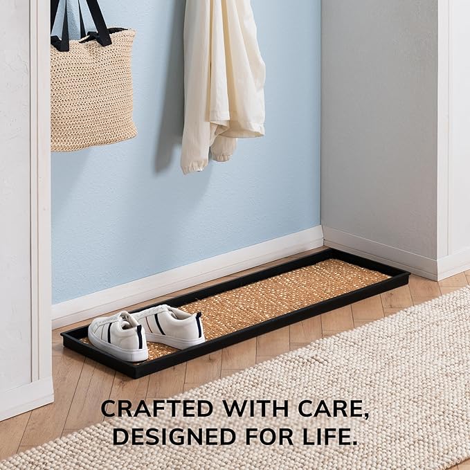 Anji Mountain Heavy Duty Waterproof Rubber Shoe Storage Mat Organizer/Boot Storage Tray Multi Use for Entryway with Coir, Tan Cross Embossed Insert, Fits 4 Pair (46.5" Wide)