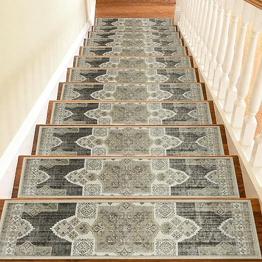 Non Slip Stair Treads for Wooden Steps Indoor, Begie, 15pcs, 30"X8", Soft Carpet Mat, Machine Washable Boho Carpet Treads with Reusable Adhesive Backing, Safety Stair Tread for Dog, Kid, Elder