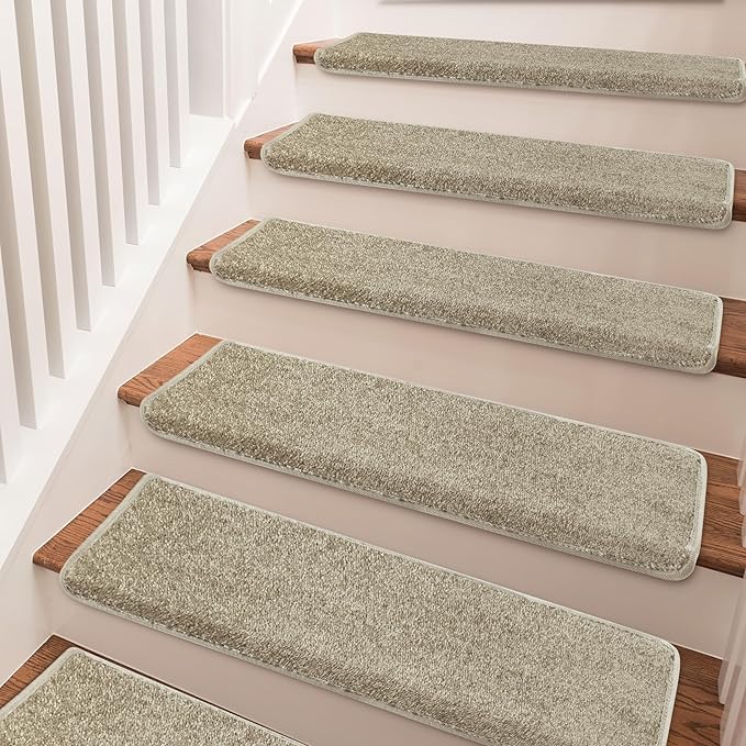 PURE ERA Bullnose Carpet Stair Treads Set Tape Free Non-Slip Indoor Stair Protectors Pet Friendly Rugs Covers Soft Skid Resistant Washable Reusable 9.5" x 30"(7 Pieces,Cream Gray)