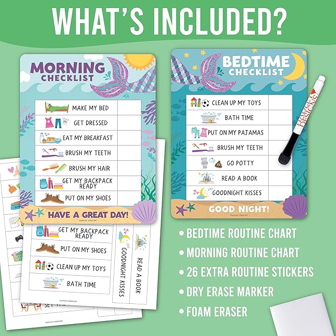 Magnetic Morning & Bedtime Routine Chart for Kids - Customizable Toddler Daily Schedule Board with Dry Erase Surface, Stickers & Marker, Build Habits with Visual Checklists, Mermaid Theme