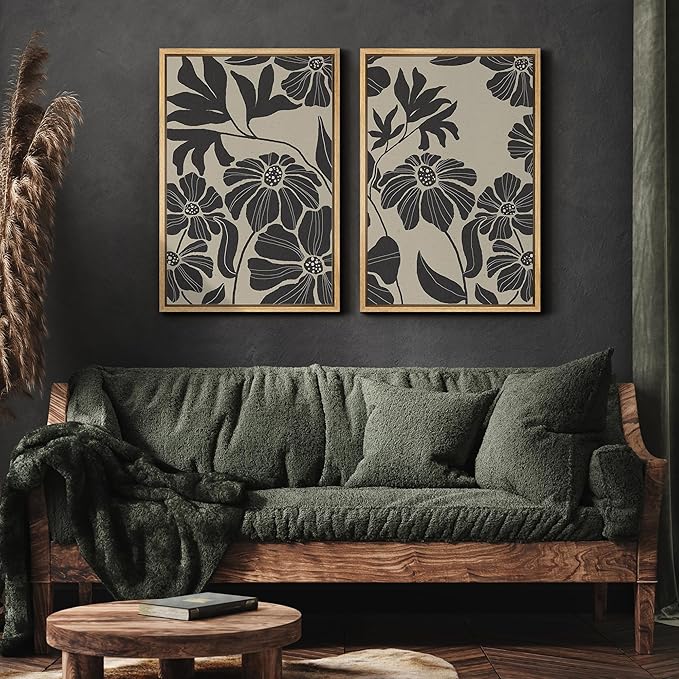MUDECOR Framed Canvas Print Wall Art Monochrome Floral Botanical Black and White Illustrations Modern Art Decorative Bohemian Colorful Chic for Living Room, Bedroom, Office - 16"x24"x2 Natural