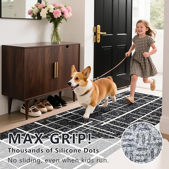 Non Slip Hallway Runner Rug 2.6x12, Modern Distressed Stripe, Washable Extra Long Rug, Woven Thin Low Pile Carpet Runners for Hallway 12ft Entryway, Kitchen, Walkway- Midnight Black