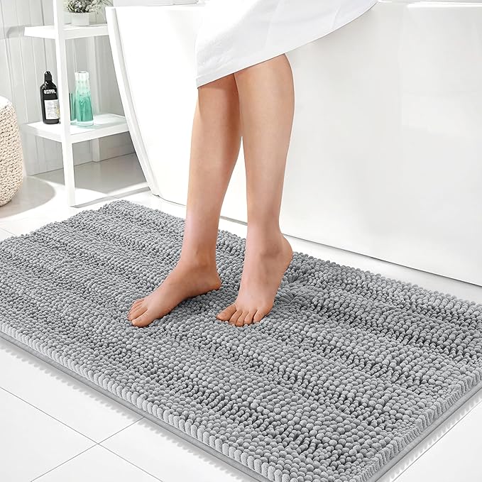 OLANLY Thick Bathroom Rugs 44x24, Extra Soft Absorbent Chenille Striped Bath Rugs, Rubber Backing, Machine Wash Dry, Bath Mats for Bathroom Floor, Tub and Shower, Home Decor Accessories, Light Grey