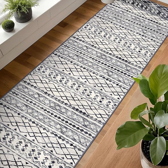 KUTA Boho Runner Rug for Hallway 2.6x14 Moroccan Washable Black Navy Blue Rugs Non-Slip Vintage Long Kitchen Runners Soft Geometric Floor Carpet for Bedroom Laundry Living Room