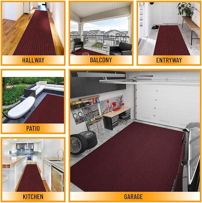 Ottomanson 2'7" x 12' Hallway Runner with Scraper Pile Extra Durable Non-Slip Rug Mat for Indoor & Outdoor Use - Ideal for Kitchen, Entryway, Patio & Garage - High-Traffic Carpet, Red
