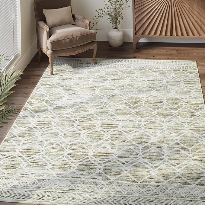 jinchan Moroccan 4x6 Area Rugs for Bedroom - Machine Washable Soft Modern Geometric Stain Resistant Non-Slip Ultra-Thin Low-Pile Carpet for Living Room Kitchen Dining Room (4x6ft, Taupe)