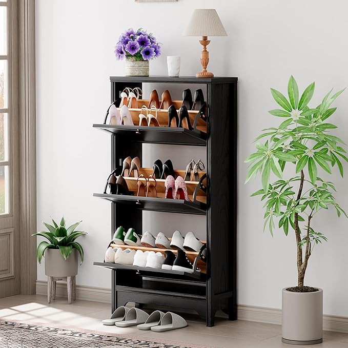 Chogori 3-Tier Shoe Cabinet – Solid Wood Entryway Shoe Storage Organizer with Flip-Up Doors, Adjustable Shelves – Narrow Freestanding Shoe Cabinets for Hallway – Space-Saving Design (1, Onyx Black)