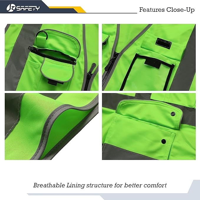 JKSafety 9 Pockets Class 2 High Visibility Zipper Front Safety Vest With Reflective Strips, Meets ANSI/ISEA Standards (Large, 150-Green)