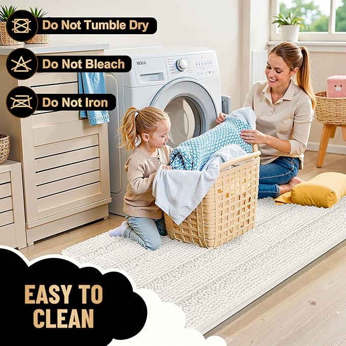 OLANLY Thick Bathroom Rugs 24x16, Extra Soft Absorbent Chenille Striped Bath Rugs, Rubber Backing, Machine Wash Dry, Bath Mats for Bathroom Floor, Tub and Shower, Home Decor Accessories, Ivory