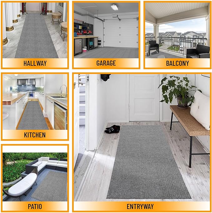 Ottomanson 2' x 35' Hallway Runner with Scraper Pile Extra Durable Non-Slip Rug Mat for Indoor & Outdoor Use - Ideal for Kitchen, Entryway, Patio & Garage - High-Traffic Carpet, Gray