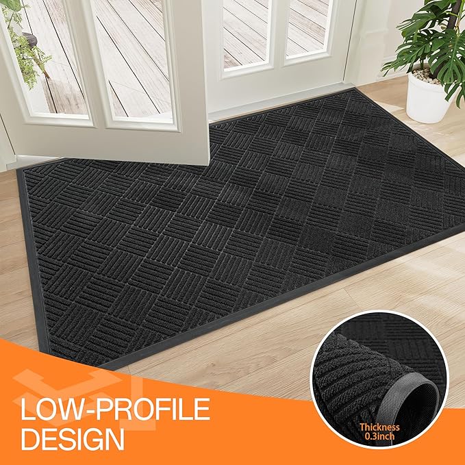 Indoor Outdoor Door Mat, 6’x 3' Doormat for Entryway, Rubber Backing Non Slip Front Door Mat Outside Entrance, Super Absorbent Commercial Floor Mat for Home Office, Black