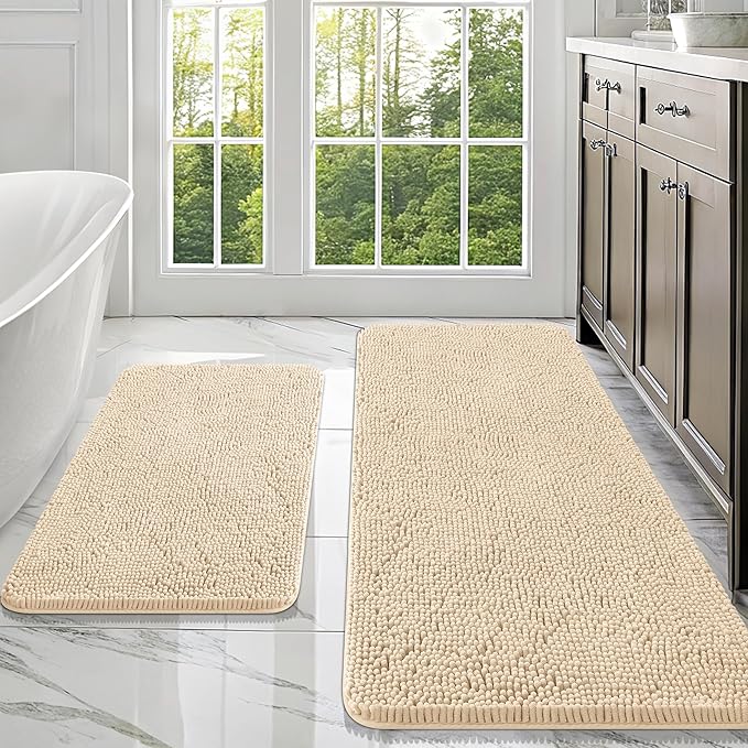 OLANLY Bathroom Rugs Sets 2 Piece, Soft Absorbent Chenille Bath Mats Area Rug Set, Non-Slip, Quick Dry, Machine Washable Bath Mats for Bathroom, Home Decor Accessories (47"x20"+30"x20", Beige)