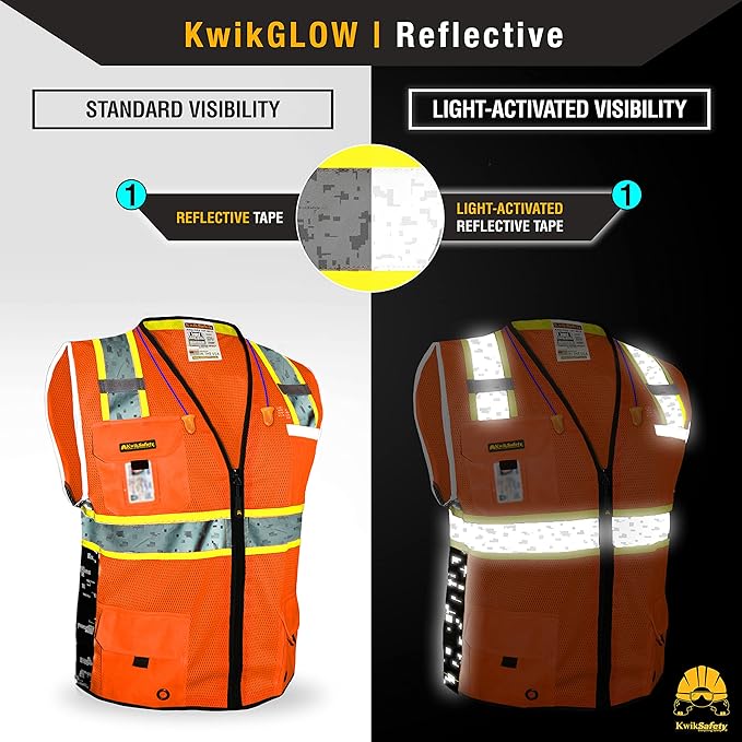 KwikSafety - BIG KAHUNA DIGITAL Safety Vest [LIMITED EDITION] Class 2 ANSI OSHA Reflective Vest Durable High Visibility Vest Construction Safety Vest for Men Industrial Work Gear/Orange Medium