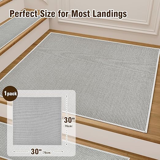 Comfortable Stair Landing Carpet Non Slip Breathable Chenille Rug for Wooden Steps Rubber Backing Landing Mat Covers Indoor Absorbent with Rubber Backing 30"X30" Grey