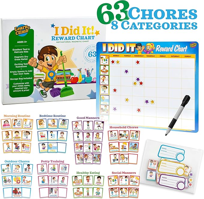 Learn & Climb Kids Responsibility Chart Magnetic Board, 63 Chores, Potty Train Tasks, Multiple Kids (Magnetic)