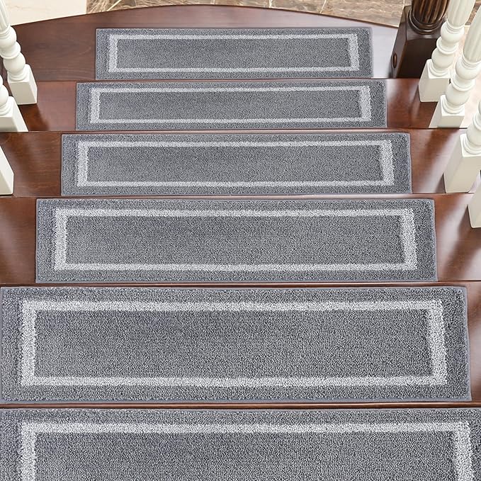 COSY HOMEER Soft Stair Treads Non-Slip Carpet Mat 28inX9in Indoor Stair Runners for Wooden Steps, Stair Rugs for Kids and Dogs, 100% Polyester TPE Backing 4pcs, Grey,Square