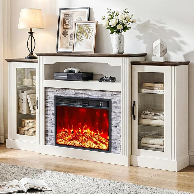 70“ Fireplace TV Stand, 4800 BTU Electric Fireplace with Mantel, Farmhouse Style Wooden TV Console Entertainment Center with Storage, Remote Control, Heating for Living Room, Bedroom, White