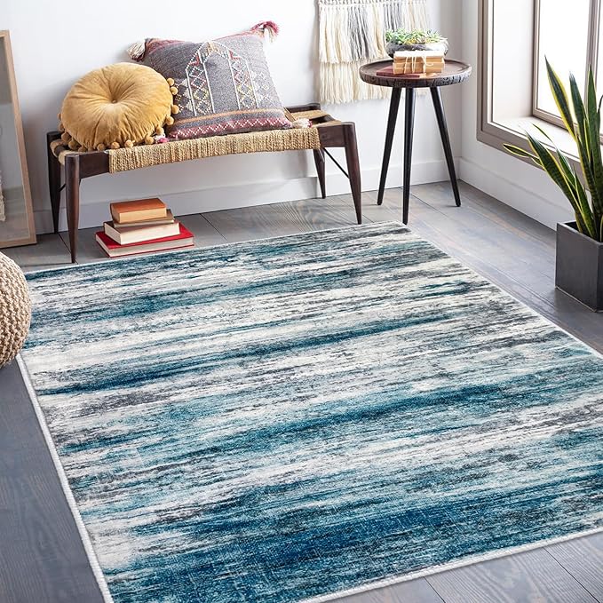 KOZYFLY 4x6 Area Rug Modern Abstract Washable Large Entryway Rug Non-Slip Soft Living Room Rugs, Print Blue Throw Rugs Indoor Mat for High-Traffic Door Entrance, Laundry, Nursery, Bedroom