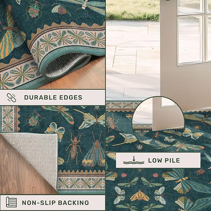 Emerald Green Entry Rugs for Inside House - 2x4 Kitchen Rugs Non Slip for Bathroom, Powder Room, Vintage Unique Colorful Décor, Washable Stain & Fade Resistant