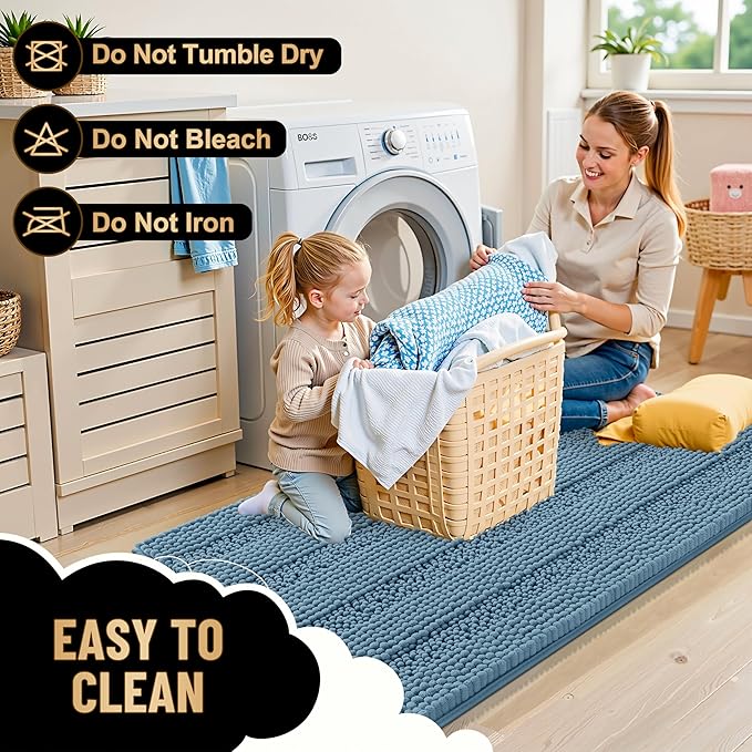 OLANLY Thick Bathroom Rugs 24x16, Extra Soft Absorbent Chenille Striped Bath Rugs, Rubber Backing, Machine Wash Dry, Bath Mats for Bathroom Floor, Tub and Shower, Home Decor Accessories, Airy Blue