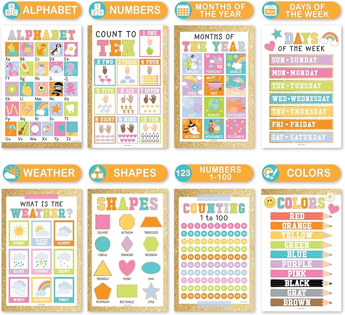 Hadley Designs 16 Educational Posters for Classroom Decor - Gold Educational Posters for Toddlers 1-3, Toddler Learning Poster for Kids Ages 3-5, Kindergarten & Preschool Classroom Must Haves