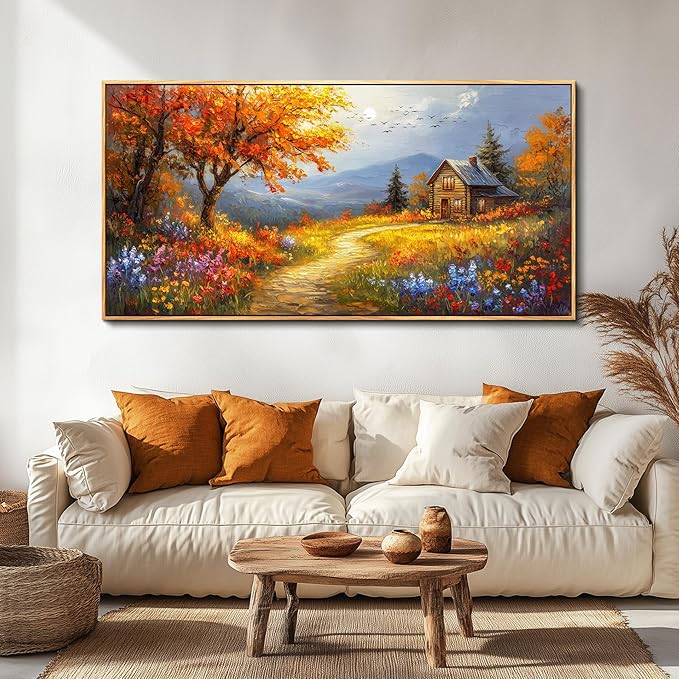 FUHAIHUA Large Wood Framed Wall Decor For Living Room Canvas Wall Art For Office Modern Wall Decorations For Bedroom Reddish Orange Tree Painting Farmhouse Pictures Artwork Room Home Decor 24x48 In