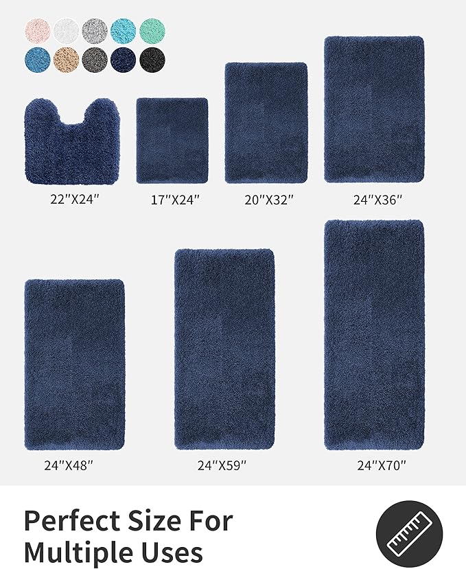 ILANGO Navy Blue Bathroom Rugs 70" × 24" Non Slip & Super Absorbent Thick Soft, Washable Bath Carpet Runner for Floor, Microfiber Plush Shaggy Bath Mats with Rubber for Bedroom Bathtub Shower Room