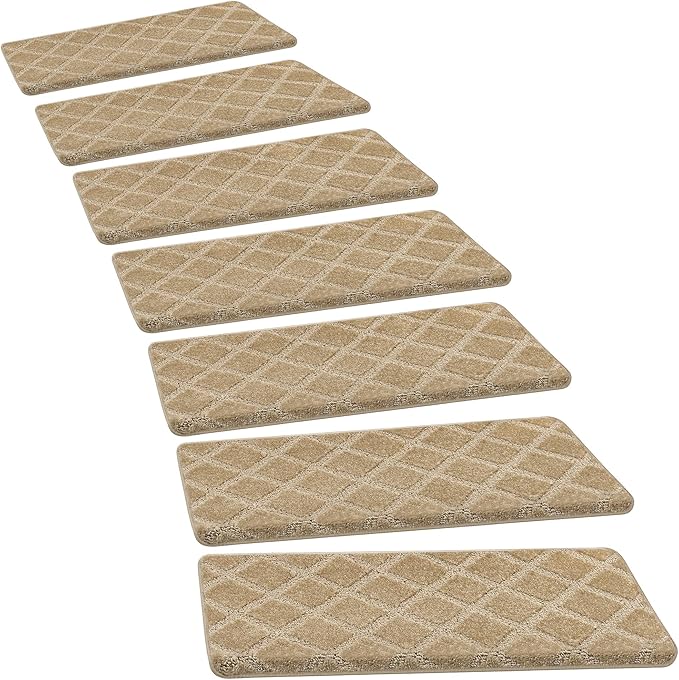 PURE ERA Bullnose Carpet Stair Treads Set Tape Free Non-Slip Indoor Stair Protectors Pet Friendly Rugs 9.5" x 30"(14 Pieces,Khaki Diamond Trellis)