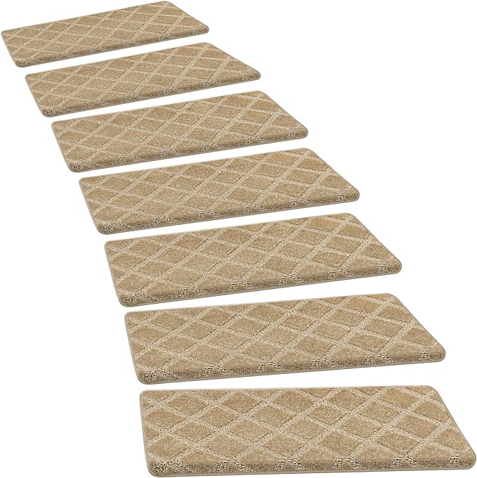 PURE ERA Bullnose Carpet Stair Treads Set Tape Free Non-Slip Indoor Stair Protectors Pet Friendly Rugs 9.5" x 30"(7 Pieces,Khaki Diamond Trellis)