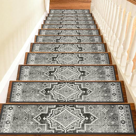 Non Slip Stair Treads for Wooden Steps Indoor, Dark Grey, 15pcs, 30"X8", Soft Carpet Mat, Machine Washable Boho Carpet Treads with Reusable Adhesive Backing, Safety Stair Tread for Dogs, Kids, Elders