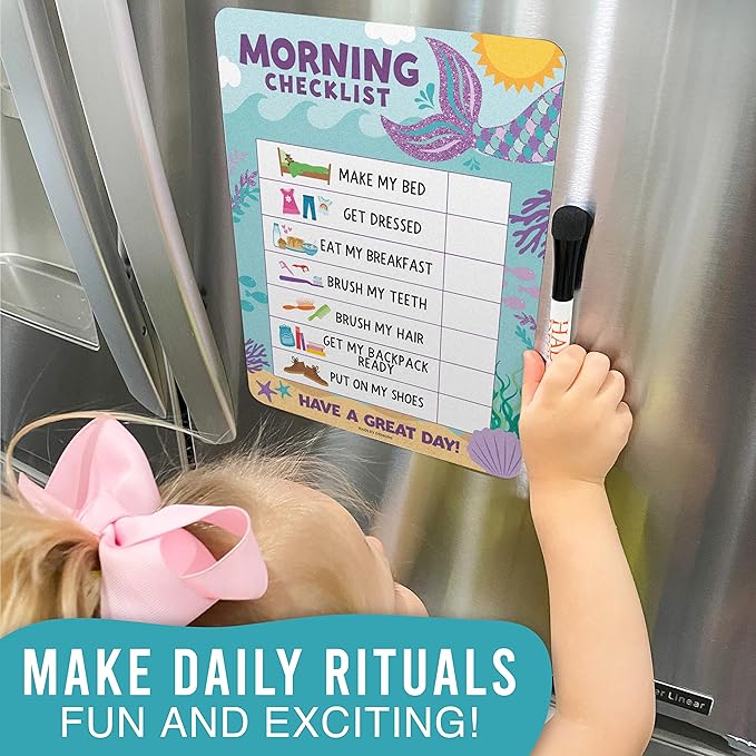 Magnetic Morning & Bedtime Routine Chart for Kids - Customizable Toddler Daily Schedule Board with Dry Erase Surface, Stickers & Marker, Build Habits with Visual Checklists, Mermaid Theme