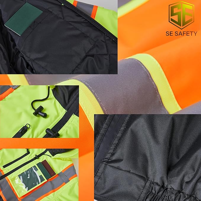 sesafety Reflective Jacket for Men, High Visibility Jackets, Safety Jackets for Men, Hi Vis Construction Bomber Jackets Waterproof with Pockets and Zipper, Black Bottom, Class 3