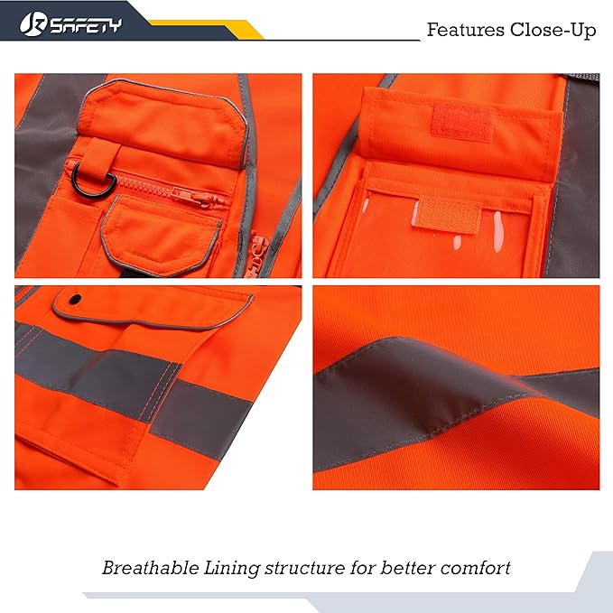 JKSafety 9 Pockets Class 2 High Visibility Zipper Front Safety Vest With Reflective Strips, Meets ANSI/ISEA Standards (150-Orange, 5XL)