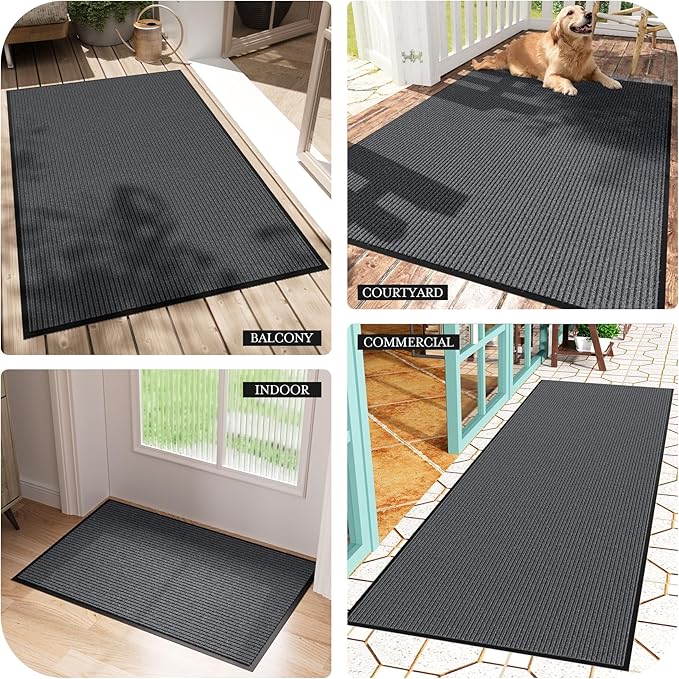 Front Door Mat, 3' x 5' Heavy Duty Door Mat Outside Entrance, Non-Slip Welcome Mat, Absorbent & Dirt Resistant, Low Profile Large Door Mats, Commercial Rugs for Entryway Indoor Outdoor, Grey