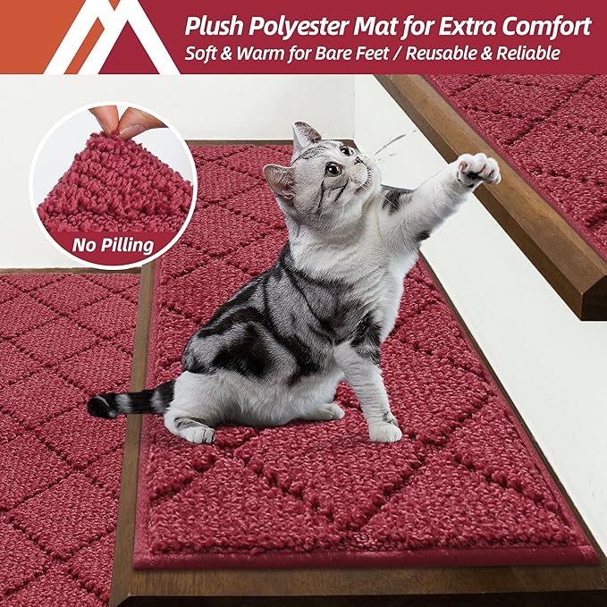 COSY HOMEER Edging Stair Treads Non-Slip Carpet Mat 28inX9in Indoor Stair Runners for Wooden Steps, Edging Stair Rugs for Kids and Dogs, 100% Polyester TPE Backing (4pc, Red)