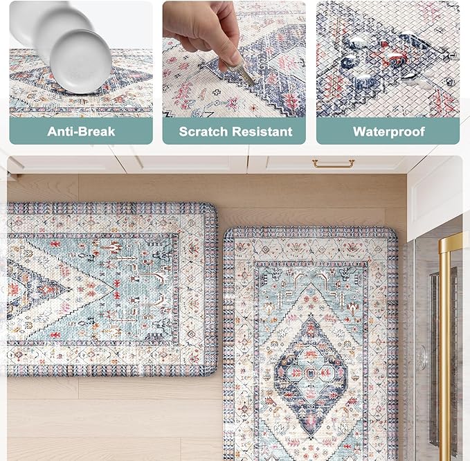 KIMODE Anti Fatigue Kitchen Mats, Boho Distressed Kitchen Rugs 20"x59"+20"x32", Non Slip Waterproof Kitchen Floor Mats, Comfort Foam Mats for Kitchen Floor Sink Laundry Office Desk Blue