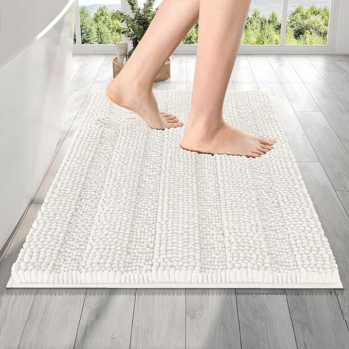 OLANLY Thick Bathroom Rugs 24x16, Extra Soft Absorbent Chenille Striped Bath Rugs, Rubber Backing, Machine Wash Dry, Bath Mats for Bathroom Floor, Tub and Shower, Home Decor Accessories, Ivory